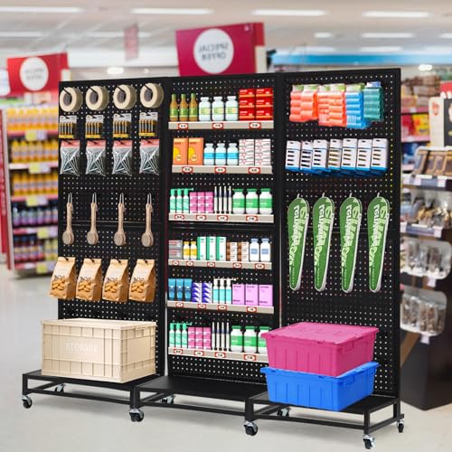 Eastern Tree Metal Pegboard Display Stand 2'x 5'with Base Plate, Pegboard Panels Display with Wheels, Peg Board Display Rack, Standing Pegboard Display with 30 Hooks - Black - color: Black