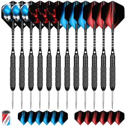 CyeeLife 12 Pack Steel Tip Darts, Professional Metal Dart Set with 12 Premium Aluminum Shafts and 4 Style PET Flights and Sharpener,22 Grams