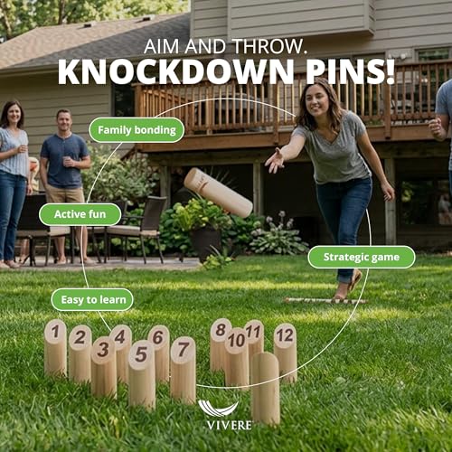 Vivere Viking Throw Tournament Edition, Outdoor Bowling Game Set for Kids & Adults with 12 Pins, Baton & Carry Bag for Backyard, Beach & Lawn Play