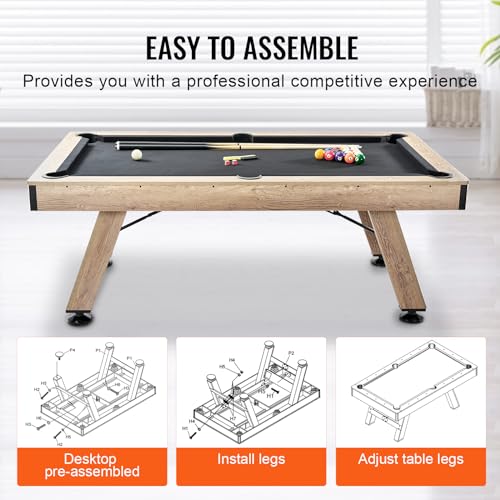 Happybuy 7ft Pool Table, Adjustable Legs Billiard Table Set, Includes Balls, Cues, Chalks, Brush, Wood Finish with Black Cloth, Perfect for Family Game Room