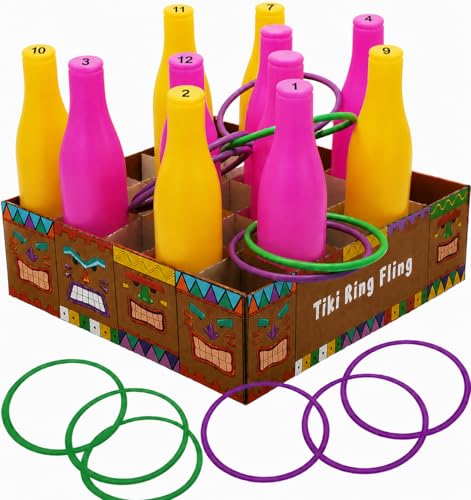 4E's Novelty Tiki Ring Fling Bottle Ring Toss Game Set for Party Games for Adults and Family, Beach Summer Hawaiian Luau Outdoor Indoor Game Activity
