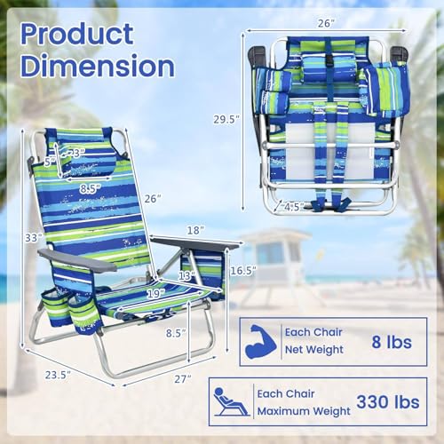 Tangkula Set of 4 Backpack Beach Chair, 5-Position Lay Flat Beach Chairs with Cooler Bag, 2 Cup Holders, Towel Bar, Lightweight Folding Beach Chair with Backpack Straps - color: Blue, style: 4 Pack