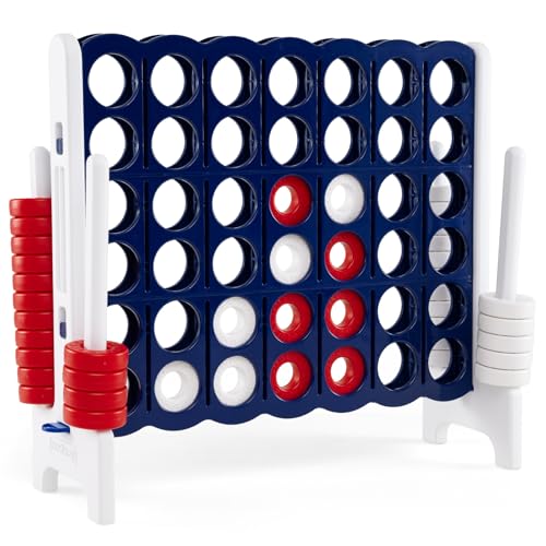 COSTWAY Jumbo 4-to-Score Giant Game Set, 4 in A Row for Kids and Adults | 3.5FT Tall Indoor & Outdoor Game Set with 42 Jumbo Rings & Quick-Release Slider, Perfect for Holiday Party, Dark Blue & White - color: Dark Blue and White