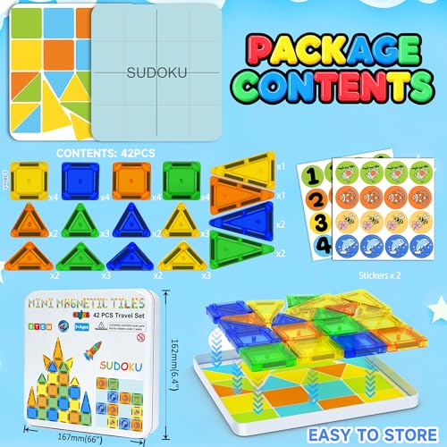 Mini Magnetic Tiles Travel Set with Case 42pcs, Bonus Sudoku Play, Mini Magnetic Blocks, Portable Travel Toy for Kids, STEM Educational Sensory Toys, Classroom Must Have - style: SUDOKU-42pcs