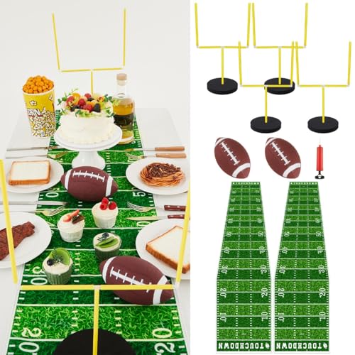 WinnerWhy 9 Pcs Football Party Goal Post Decoration Kit Includes 4 Football Field Goal Post 2 Football Court Table Runner 2 Mini Football 1 Pump for Football Theme Birthday Party Supplies