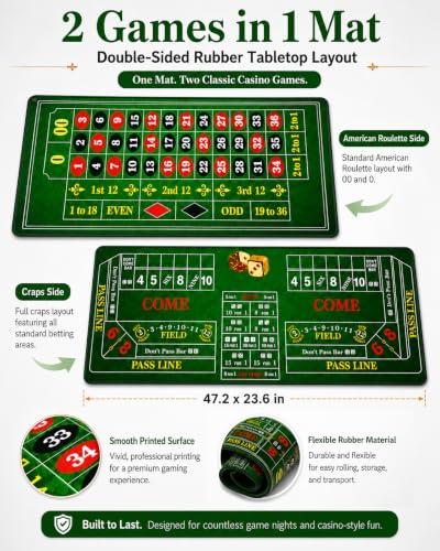 Roulette Wheel Game Set Include 47.2" x 23.6"Rubber Tabletop Layout Mat(Double Sided)，10 Inch Roulette Wheel，200 Chips Dealer Button，Win Marker，3 Dices，Chip Rake Casino Game Sets Gift Ideas