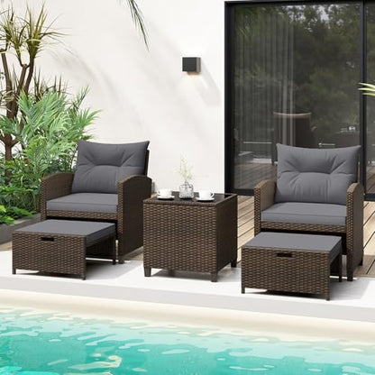 Tangkula 5 Pieces Patio Conversation Set, PE Wicker Rattan Outdoor Furniture Set with 2 Chairs, 2 Ottomans & Tempered Glass Coffee Table, Ideal for Poolside, Backyard, Lawn, Deck, Mix Brown & Grey - color: Mix Brown & Grey