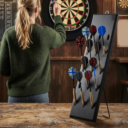 Wall Mounted Dart Holder with Storage Bag 15 Hole Wooden Dart Storage with Metal Hook and Rear Stand for Game Room and Bar