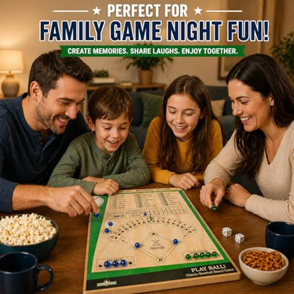 Classic Baseball Board Activity, Two Player Tabletop Dice Play Set with Wooden Surface Plus Marble Scoring, Indoor Family Gathering Entertainment for Children Ages 8-12, Teens, Adults