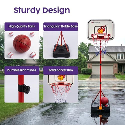 Kids Basketball Hoop Set with T Ball Stand, 4 in 1 Adjustable Kids Sports Toy Indoor Outdoor, Basketball Goal for Kids 2 to 8, Easy Setup, Durable Base, Gift Toy