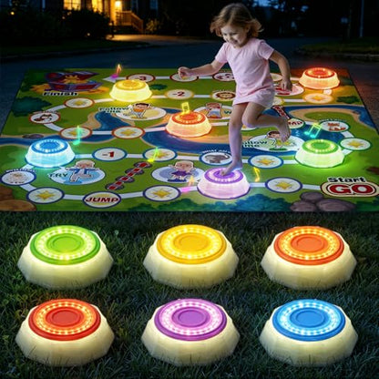 HYES Light Up Stepping Stones for Toddlers 1-3 - 6 PCS Non-Slip Step Stones with Game Map, Toddler Obstacle Course Sensory Toys, Indoor Outdoor 3-5 Years Old Boys Girls Birthday Gifts - style: 6 LED Pads & Map