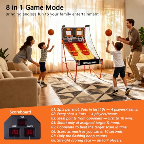 Foldable Indoor Basketball Arcade Game Double Shot 1-4 Player W/ 5 Balls, Basketball Arcade Machine, Electronic Scoreboard and Inflation Pump, Sturdy and Durable
