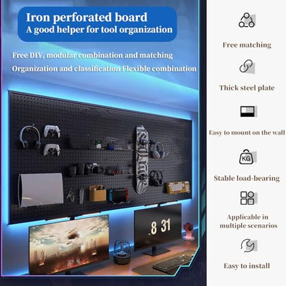 FORRTY Pegboard Combination Kit, Gaming Station Peg Board,Wall Game Controller Holder,Headset Stand,Wall Mount Pegboard,desk Pegboard With 10 Hook,strong Load-bearing Capacity(Black,100x30cm(39.4X11.8 - color: Black, size: 100x30cm(39.4X11.8in)