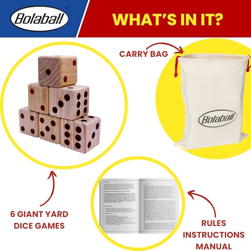 Bolaball 3.5" Giant Wooden Yard Dice Set – Durable Outdoor Fun Kit Includes 6 Large Dice with Sturdy Carry Bag for Parties, Beach, Lawn Games, and Easy Storage; Superior Crafted Hardwood Design