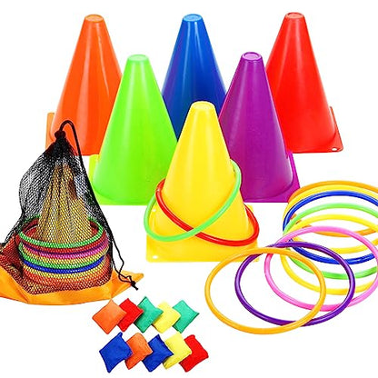 Win SPORTS 3 in 1 Carnival Outdoor Games Combo Set, Soft Plastic Cones Cornhole Bean Bags Ring Toss Games,for Kids Adults Indoor Outdoor Birthday Party Lawn Games Supplies (26 Pieces