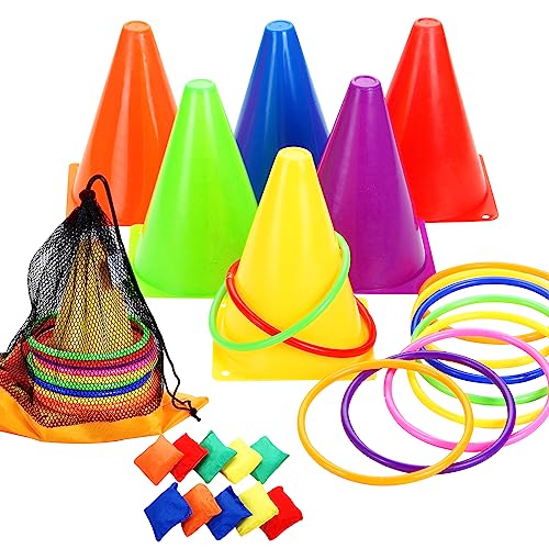 Win SPORTS 3 in 1 Carnival Outdoor Games Combo Set, Soft Plastic Cones Cornhole Bean Bags Ring Toss Games,for Kids Adults Indoor Outdoor Birthday Party Lawn Games Supplies (26 Pieces