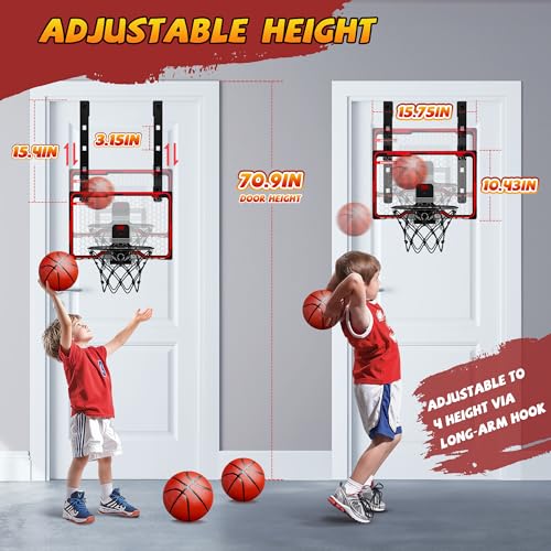 HopeRock Indoor Basketball Hoop for Kids, Over The Door Mini Basketball Hoops, with LED Light, Scoreboard, Birthday Toys Gifts for 5 6 7 8 9 10 11 12+ Year Old Boys - style: red adjustable basketball hoop