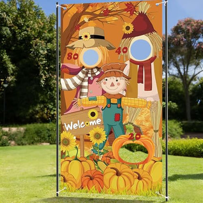 Happy Thanksgiving Toss Game Banner with 3 Bean Bags Scarecrow Bean Bag Toss Games Thanksgiving Game Decoration Thanksgiving Turkey Harvest Party Games for Adult Party Supplies