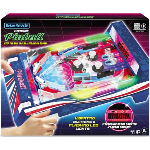 Merchant Ambassador Retro Arcade Electronic: Pinball - Tabletop Game, Vibrating Bumpers, LED Lights, Sound Effects, 1 Player, Ages 6+ - style: Pinball