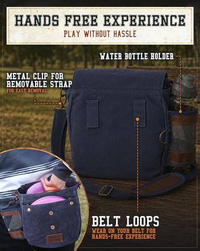 Disc Golf Bag | Frisbee Golf Bag | Easy to Carry | Lightweight Fits Up to 10 Discs | 16 oz Waxed Canvas Sturdy Design | Belt Loop | Double Button Design | Bottle Holder - style: Waxed Canvas / Leather - Blue