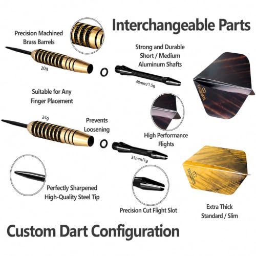 CC-Exquisite Premium Steel Tip Darts Set - Professional Darts, Brass Barrels, Metal Tip Darts, Extra Flights, (12) Aluminum Shafts 35/48, O-Rings, Dart Tool, Dart Sharpener, Darts Case