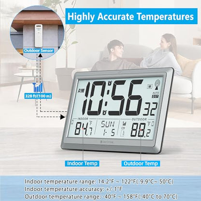 Atomic Clock Wall with Indoor/Outdoor Temp, Battery Operated Digital Wall Clock with 10.5" Large LCD Display, 330ft Range Desk Table Clock with Alarm, DST, Calendar for Living Room, Silver-gray - color: Silver-gray