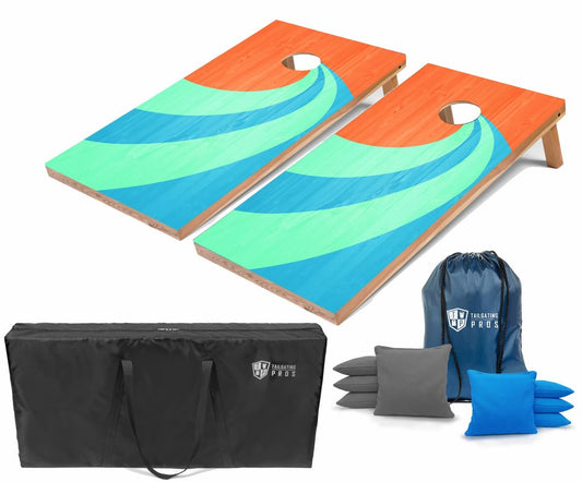 Tailgating Pros Regulation Cornhole Boards - 4'x2' Lightweight Wooden Retro and Classic Themed Cornhole Game w/Carrying Case & Set of 8 Corn Hole Bean Bags w/Tote - color: Wooden Wave