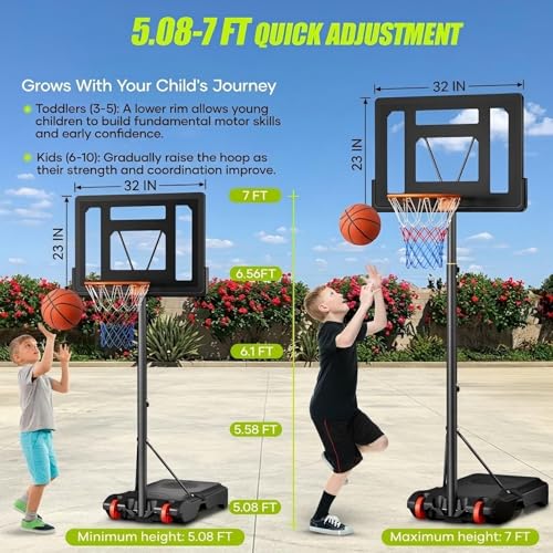 Asbest Kids Basketball Hoop Outdoor, 5.08-7 FT Adjustable Height, 32Inch Portable Basketball Hoop for Kids in Backyard, Driveway, Indoor, Shatterproof PC Backboard