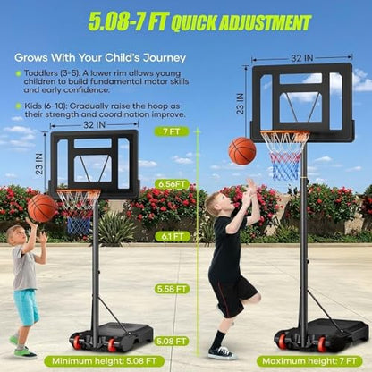 Asbest Kids Basketball Hoop Outdoor, 5.08-7 FT Adjustable Height, 32Inch Portable Basketball Hoop for Kids in Backyard, Driveway, Indoor, Shatterproof PC Backboard