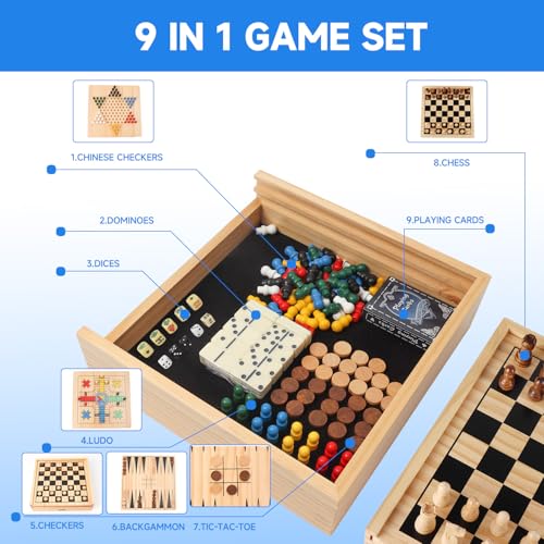 GSE Games & Sports Expert Wooden 9-in-1 Chess, Checkers, Backgammon, Dominoes, Chinese Checkers, Tic-Tac-Toe, Ludo, Playing Cards & Poker Dice Game Combo Set