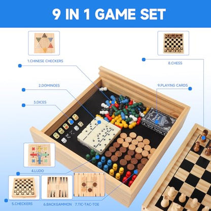 GSE Games & Sports Expert Wooden 9-in-1 Chess, Checkers, Backgammon, Dominoes, Chinese Checkers, Tic-Tac-Toe, Ludo, Playing Cards & Poker Dice Game Combo Set