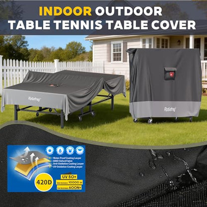 Ping Pong Table Cover,420D Waterproof Heavy Duty Table Tennis Table Covers Fits 9 x 5 FT Both Folding & Flat Tables for Indoor Outdoor Use with Paddles Storage Bag