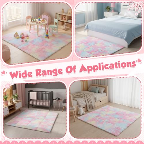 16 Pcs Pastel Faux Fur Floor Tiles, 11.8 x 11.8 in Puzzle Girls Play Soft Tiles, 1.5 Inch Shaggy Square, EVA Foam Floor Mat for Nursery, Playroom, Bedroom, Toddler Room, Daycare - color: Pastel