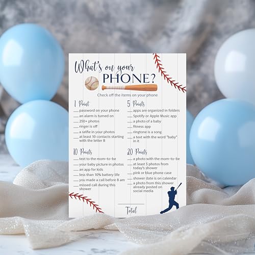 BASEBALL Baby Shower Games — WHAT'S ON YOUR PHONE Baby Shower Game — Pack of 25, Rustic Sports Theme Navy Blue BOY, Little Slugger Shower Activity Gender Neutral Reveal Party G900-PHN
