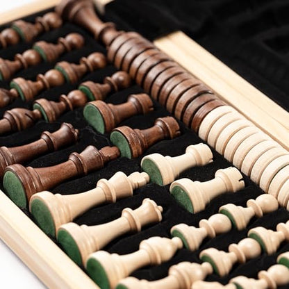 A&A 15" Magnetic Wooden Chess Set/Folding Board / 3" King Height German Knight Staunton Chess Pieces/Mahogany & Maple Inlaid /2 Extra Queen