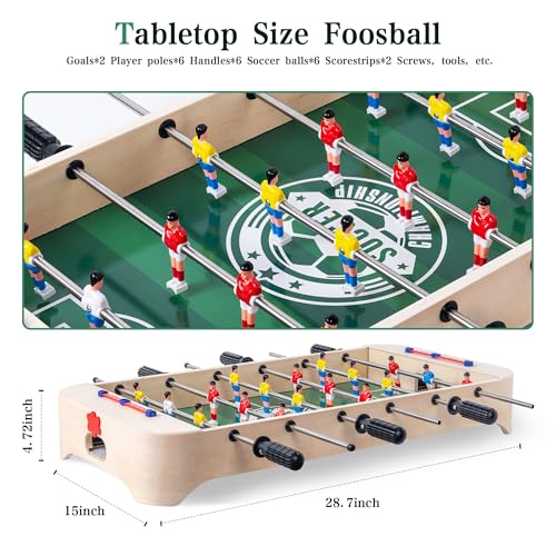 28 Inch Tabletop Foosball Table, Portable Wooden Soccer Game Set with Non-Slip Base, Ergonomic Handles for Kids and Adults, Indoor Family Game Night & Birthday Gift