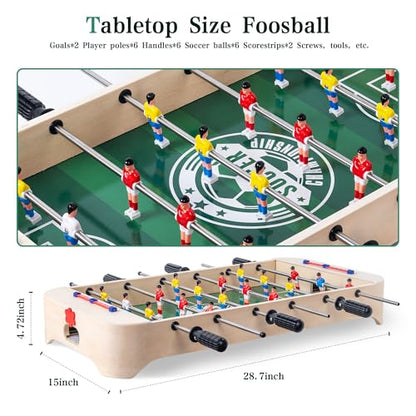 28 Inch Tabletop Foosball Table, Portable Wooden Soccer Game Set with Non-Slip Base, Ergonomic Handles for Kids and Adults, Indoor Family Game Night & Birthday Gift
