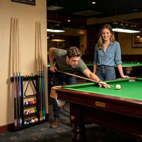 Black Pool Stick Holder, Wall Mount Pool Cue Rack ,Solid Wood Floor Stand for billiard cue sticks,Holds 6 Pool Cues & a Full Set of Balls,Professional Pool Table Accessories for Billiard Room or Club