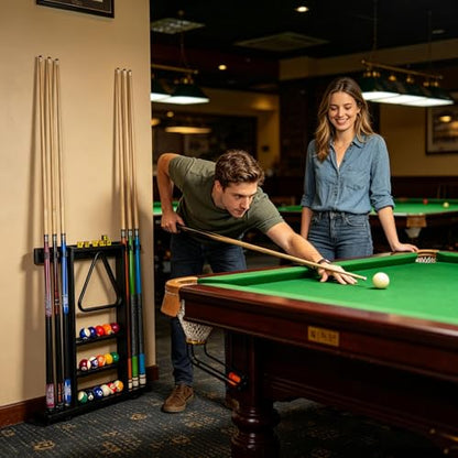 Black Pool Stick Holder, Wall Mount Pool Cue Rack ,Solid Wood Floor Stand for billiard cue sticks,Holds 6 Pool Cues & a Full Set of Balls,Professional Pool Table Accessories for Billiard Room or Club