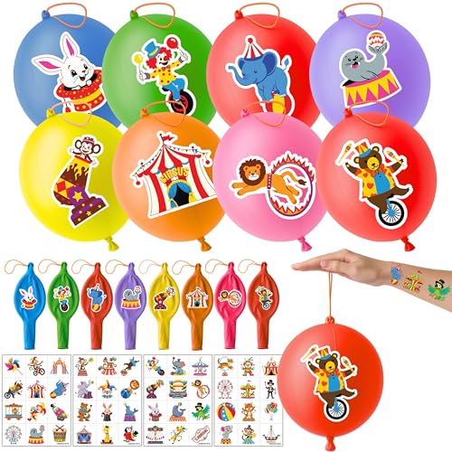 72 PCS Carnival Party Favors for Kids | 48 Pre-Cut Temporary Tattoos, 24 Punch Balloons, Birthday Party Decorations, Goodie Bag Fillers, Classroom Rewards