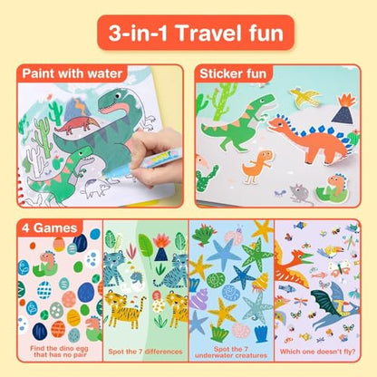 Avenir Reusable Water Coloring Book for Toddlers 3-5 – Mess-Free Paint-with-Water Travel Toy Airplane Activities Road Trip Quiet Book, Water-Reveal Activity Pad, 3-in-1 Creative Set - color: Dinosaur