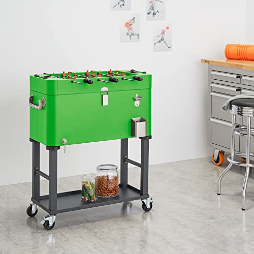 TRINITY 80 Quart Beverage Cooler and Ice Chest with Foosball Table Top and Bottle Opener, Rolling Cart with Storage Shelf, Detachable Tub Design, 96 Can Capacity, Includes Protective Cover - color: Electric Green