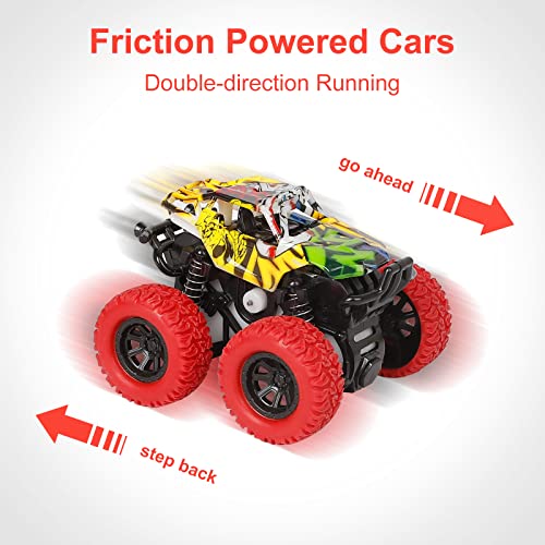 M SANMERSEN Monster Truck Toys for Kids, Friction Cars for Toddlers Push and Go 360° Rotating Stunt Car for 3+ Year Old Boys Girls Gifts (2 Pack - Red and Yellow) - color: Red