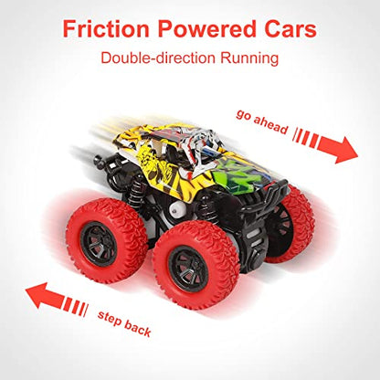 M SANMERSEN Monster Truck Toys for Kids, Friction Cars for Toddlers Push and Go 360° Rotating Stunt Car for 3+ Year Old Boys Girls Gifts (2 Pack - Red and Yellow) - color: Red