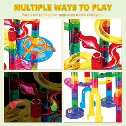 Tucrae 224 PCS Marble Runs Toys with Automatic Elevator Glowing Marble Maze Building Set STEM Puzzle Toys for 3 4 5+ Boys & Girls Children's Day, Christmas Easter Gifts(Containing 60 Marbles)