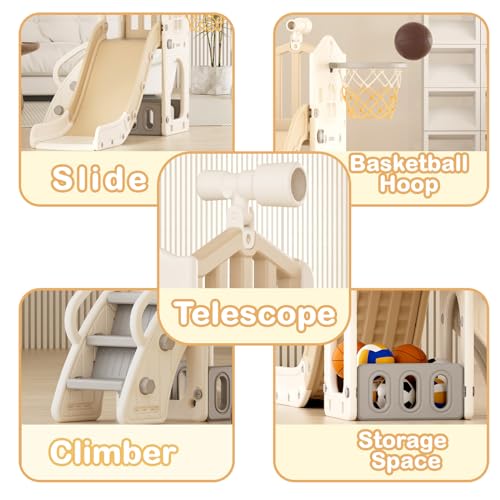 YUFU 5 in 1 Toddler Slide, Kids Slide with Climber, Basketball Hoop and Ball, Outdoor Indoor Playset for Toddlers Age 1-3 (Beige+Coffee) - color: Beige+coffee