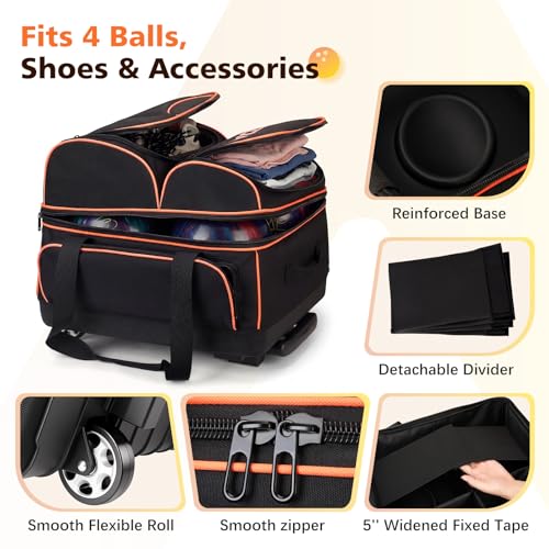 PENGDA 4 Ball Bowling Bag With Wheels, Integrated Single-Chamber 4-Ball System, 900D Reinforced Oxford Bowling Ball Bag, Telescopic Handle Roller Tote Storage Bag for Bowling Accessories and shoes