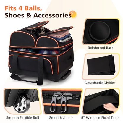 PENGDA 4 Ball Bowling Bag With Wheels, Integrated Single-Chamber 4-Ball System, 900D Reinforced Oxford Bowling Ball Bag, Telescopic Handle Roller Tote Storage Bag for Bowling Accessories and shoes
