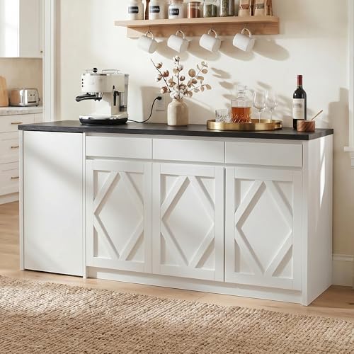 63" White Buffet Cabinet with Storage, Kitchen Sideboard with Folding Table | Modern Console Credenza with Drawers & Doors, Coffee Bar Cabinet for Dining Room, Entryway & Living Room