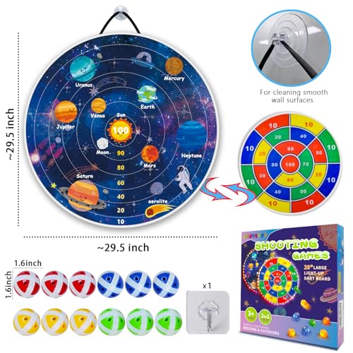 2 in 1 29" Large LED Dart Board for Kids, Kids Dart Board with LED Sticky Balls for Boy Toys, Indoor & Outdoor Sport Fun Party Kids Toys Games,Birthday Gifts for 4-12 Year Old Boys&Girls - style: Universe